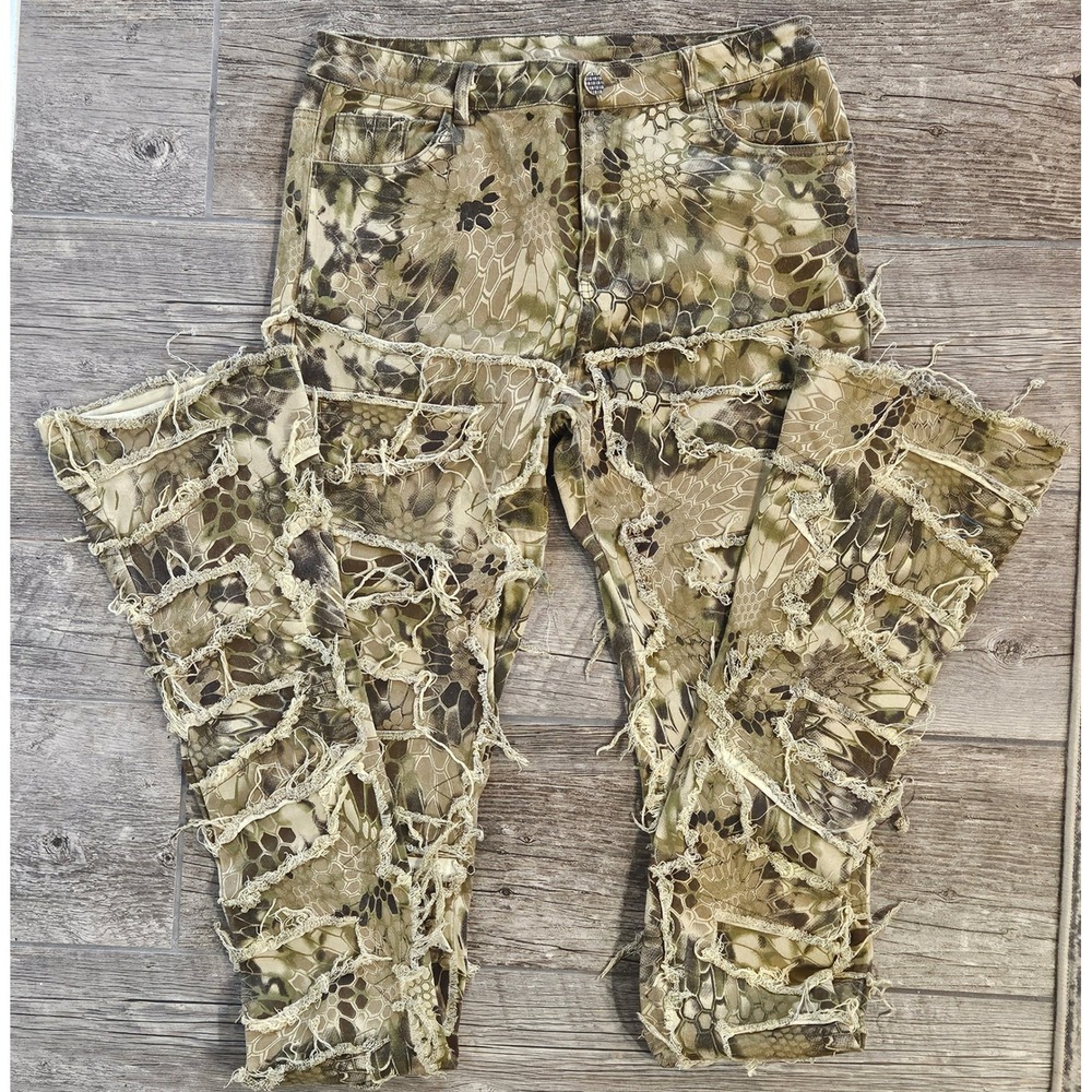 Guapi Grunge Gothic Punk Limited Edition Camo Distressed Flared Pants Mens 34